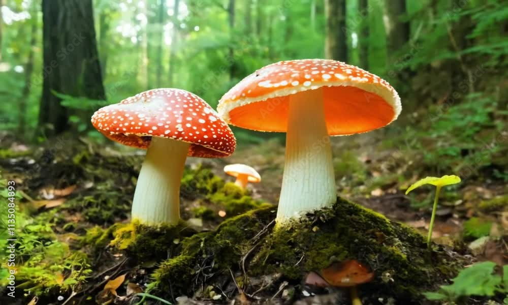 A vibrant red fly agaric mushroom stands tall in a lush, green forest, its white spots contrasting against the autumn foliage A vibrant red fly agaric mushroom stands tall in a lush, green forest, its white spots contrasting against the autumn foliage