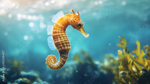 Spiny Seahorse swimming in long grass the seahorse swimming underwater clear ocean water Short-snouted Seahorse, Generative AI photo