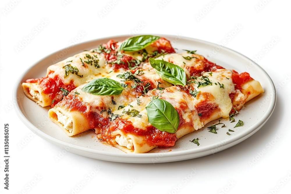 A plate of baked manicotti pasta stuffed with ricotta and topped with tomato sauce and melted cheese. A plate of baked manicotti pasta stuffed with ricotta and topped with tomato sauce and melted cheese.