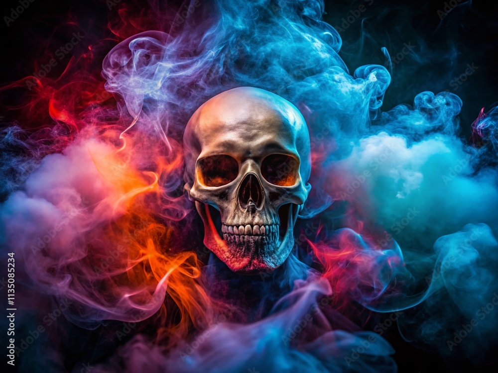 Mysterious Skull Shrouded in Smoke Against a Dark Background for a Spooky Halloween Atmosphere Mysterious Skull Shrouded in Smoke Against a Dark Background for a Spooky Halloween Atmosphere