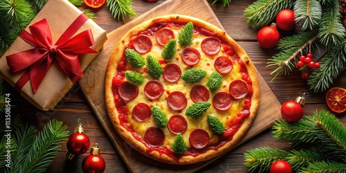 Holiday pizza perfection: a whimsical Christmas tree and presents, deliciously designed.