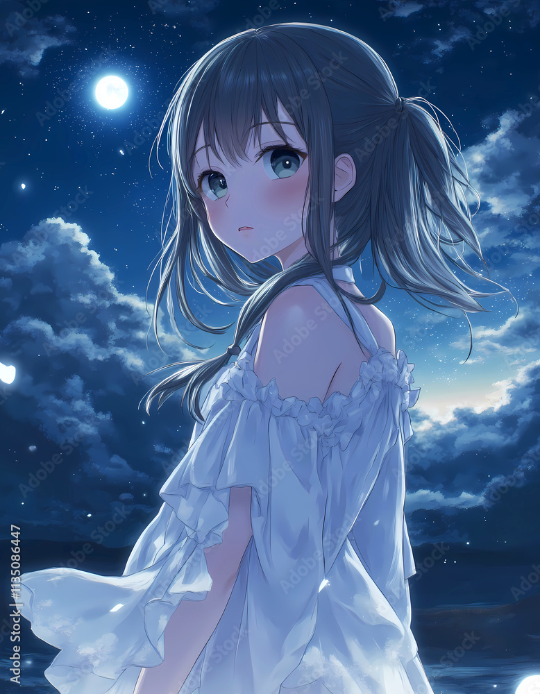 Whispers of the Night: kawaii Anime Girl Illustration Under the Moon and Stars Night Scene Whispers of the Night: kawaii Anime Girl Illustration Under the Moon and Stars Night Scene