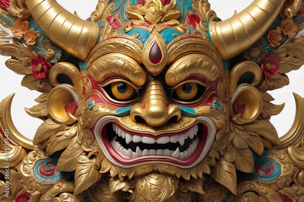 Close-up of a richly detailed, gold and red demonic mask with ornate carvings and vibrant colors. Close-up of a richly detailed, gold and red demonic mask with ornate carvings and vibrant colors.
