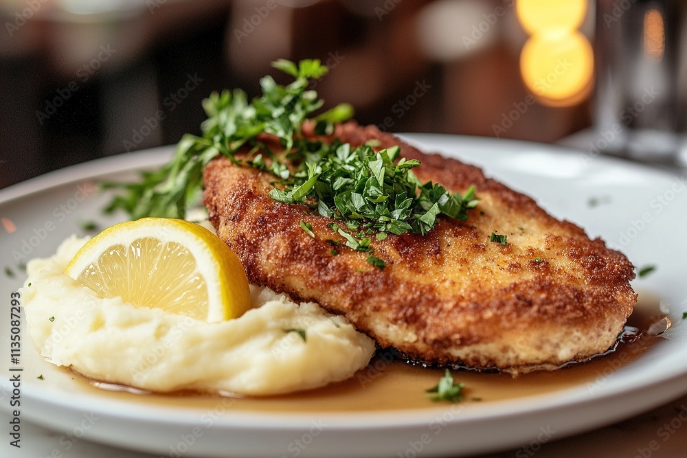 A golden milanesa cutlet served on a white plate with mashed potatoes and a lemon wedge. A golden milanesa cutlet served on a white plate with mashed potatoes and a lemon wedge.