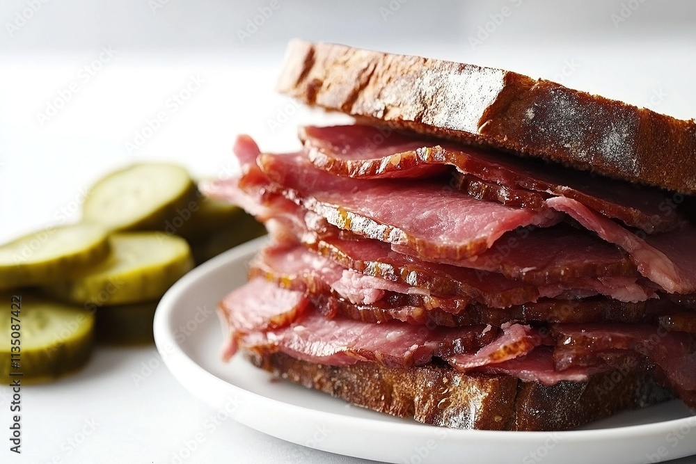 A Montreal smoked meat sandwich piled high with sliced meat on rye bread. A Montreal smoked meat sandwich piled high with sliced meat on rye bread.