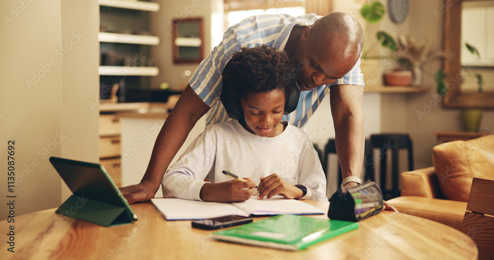 Studying, help and child with headphones, dad and education for boy, growth and development in home. Bonding, black man and assistance for homework, notebook and knowledge for exam, son and house Studying, help and child with headphones, dad and education for boy, growth and development in home. Bonding, black man and assistance for homework, notebook and knowledge for exam, son and house