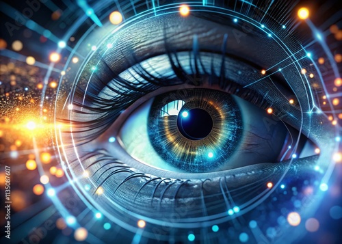 Next Generation Artificial Intelligence: A Futuristic Humanoid Eye Created with Fiber Optics, Showcasing Advanced Technology and Innovation in 3D Illustration Render