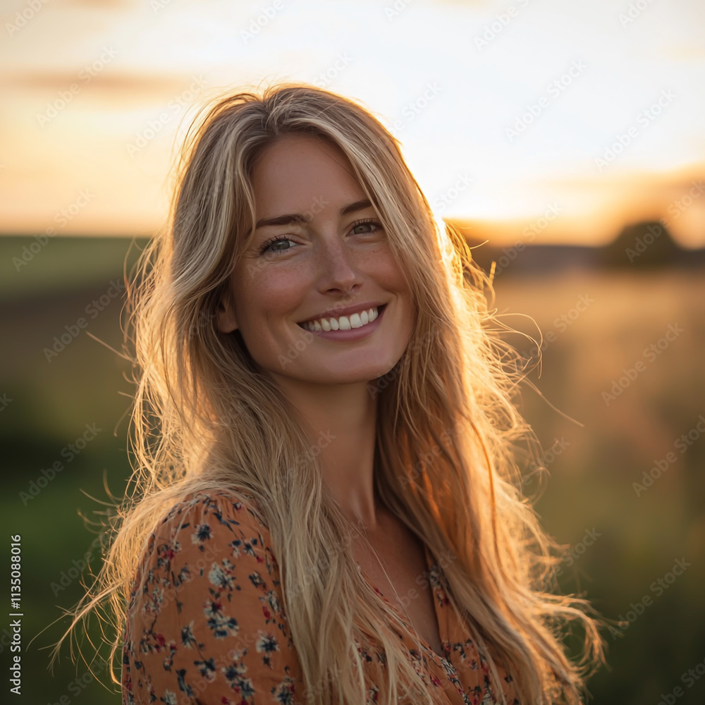 A photo of an attractive blonde woman with long hair smiling at the camera, standing in front of her farmhouse at sunset A photo of an attractive blonde woman with long hair smiling at the camera, standing in front of her farmhouse at sunset