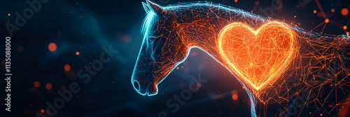 A glowing heart icon linked to a horse, representing online veterinary science platforms focusing on animal health and wellness research.  