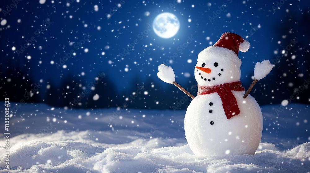 Fototapeta premium A snowman waving at the camera, a snowy landscape with a blue sky and moon in the background, a winter wonderland theme