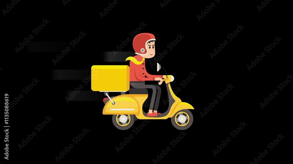 Delivery man riding scooter looped animation. Courier driving retro motorcycle. Animated cartoon character on transparent background with alpha channel. Fast home delivery service. Delivery man riding scooter looped animation. Courier driving retro motorcycle. Animated cartoon character on transparent background with alpha channel. Fast home delivery service.