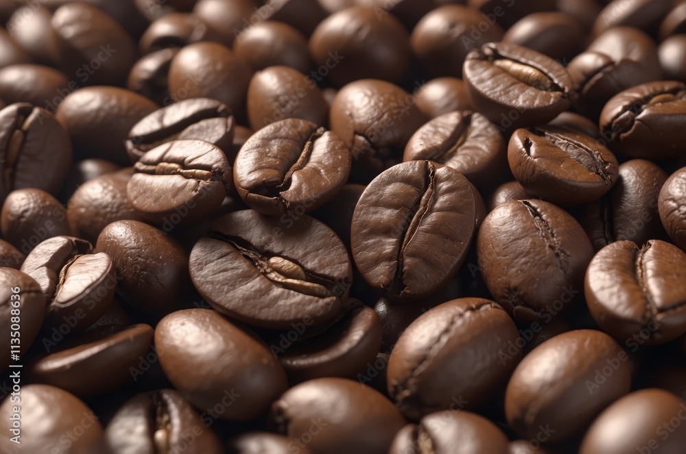 Close-up of roasted coffee beans, rich brown color, showing texture and detail. Close-up of roasted coffee beans, rich brown color, showing texture and detail.