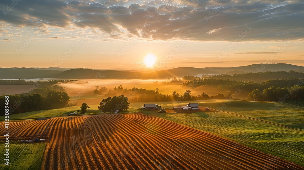 Obraz premium Sunrise over Farmland, Rolling Hills, and Misty Valley in Rural America