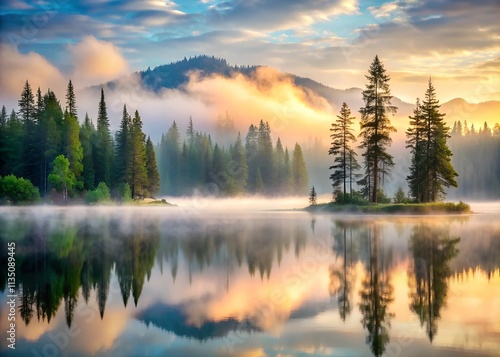 Serene Mountain Lake with Misty Forest and Calm Water Reflections at Dawn