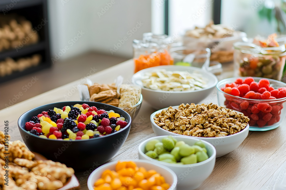Guests savor a variety of fresh fruits and healthy snacks at a lively brunch Guests savor a variety of fresh fruits and healthy snacks at a lively brunch