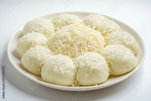 A plate of Filipino puto rice cakes garnished with grated cheese and arranged neatly on a clean white plate.