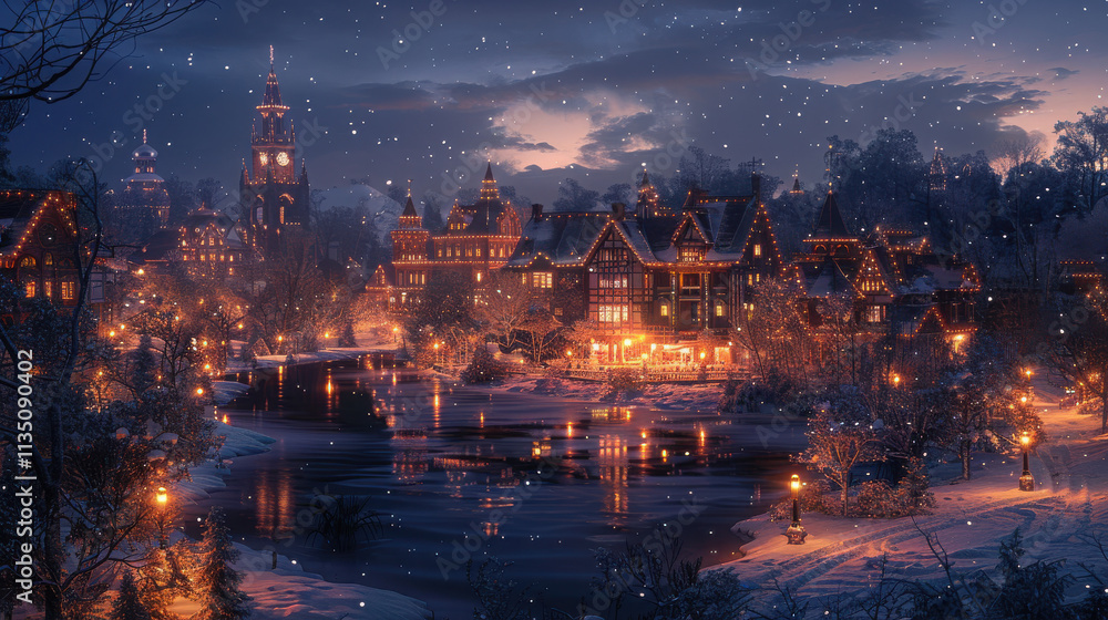 Photorealalist nightime christmas village with lights snow. Photorealalist nightime christmas village with lights snow.