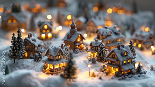 Photorealalist nightime christmas village with lights snow.