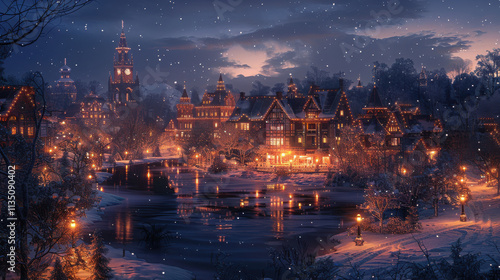 Photorealalist nightime christmas village with lights snow.