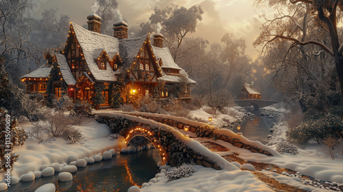 Photorealalist nightime christmas village with lights snow.