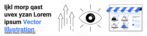 Large eye with three arrows pointing upward, next to a webpage of an online store with placeholder text. Ideal for digital marketing, SEO growth, vision, online business, web design, e-commerce