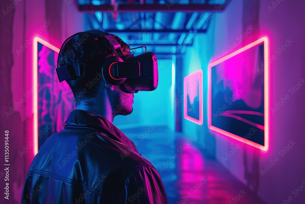 Man wearing a black jacket is standing in a room with a VR headset on Man wearing a black jacket is standing in a room with a VR headset on