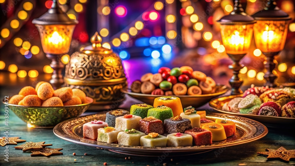 Night Photography of Assorted Traditional Sweets Arranged on a Decorative Plate with Delicate Patterns and Soft Ambient Lighting, Perfect for Celebrations and Festive Occasions Night Photography of Assorted Traditional Sweets Arranged on a Decorative Plate with Delicate Patterns and Soft Ambient Lighting, Perfect for Celebrations and Festive Occasions