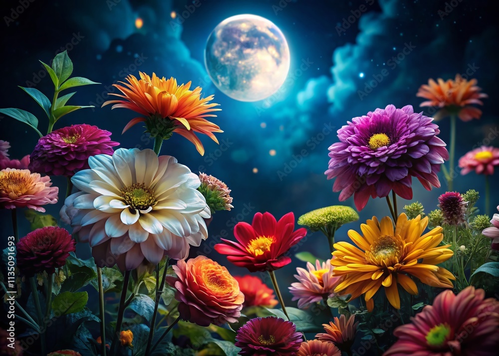 Night Photography of a Vibrant Group of Flowers Bathed in Moonlight, Showcasing Their Colors and Textures Against a Dark Backdrop for Stunning Visual Appeal Night Photography of a Vibrant Group of Flowers Bathed in Moonlight, Showcasing Their Colors and Textures Against a Dark Backdrop for Stunning Visual Appeal