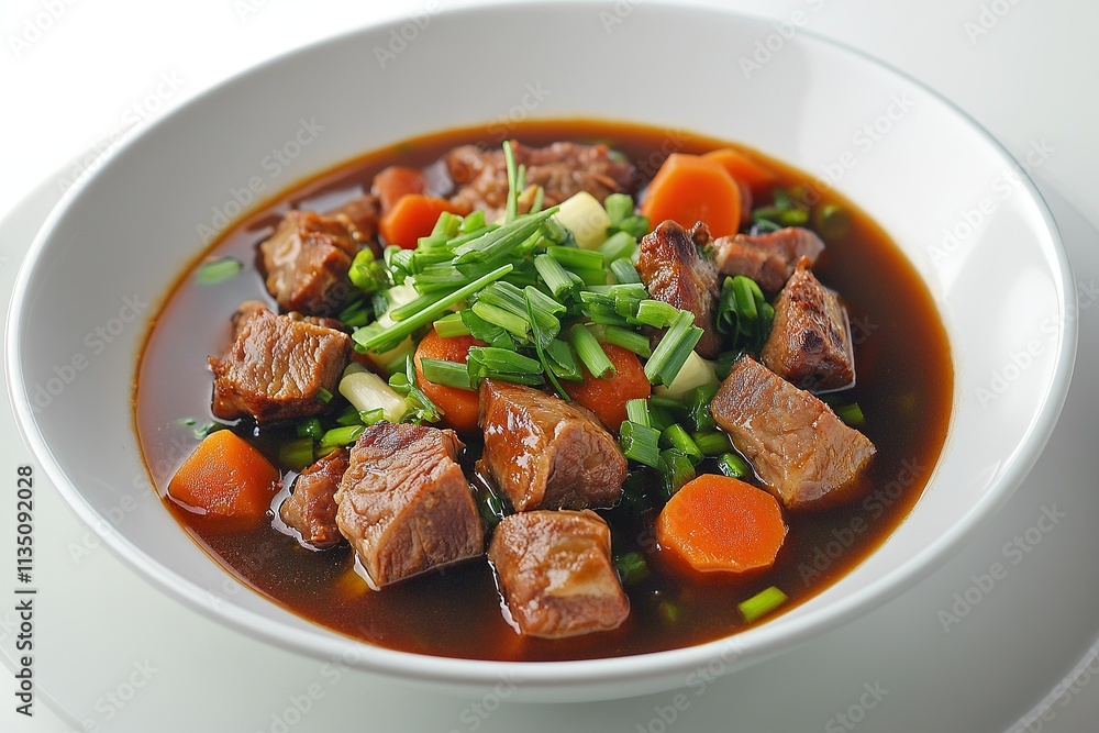A bowl of Filipino sinigang soup with tamarind, pork, and fresh vegetables. A bowl of Filipino sinigang soup with tamarind, pork, and fresh vegetables.