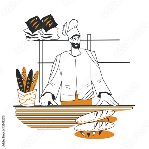 Baker behind the counter selling fresh bread in a bakery, cartoon vector illustration isolated on a white background. Character for bakery, pastry and confectionery promo materials.