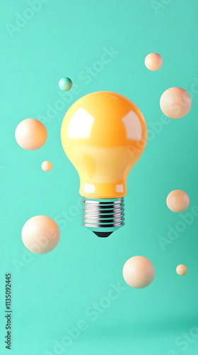 A Vibrant Yellow Light Bulb Surrounded by Floating Bubbles on a Teal Background, Perfect for Creative Inspiration.