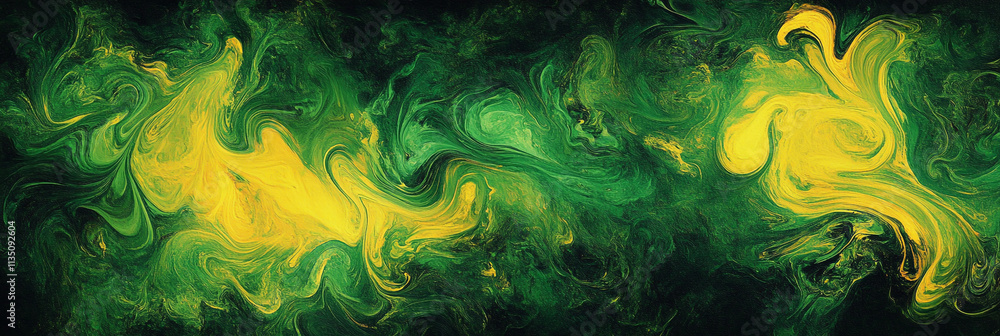 Abstract green and yellow fluid art background with swirling patterns of emerald, forest green, and sunflower yellow colors on a black canvas Abstract green and yellow fluid art background with swirling patterns of emerald, forest green, and sunflower yellow colors on a black canvas