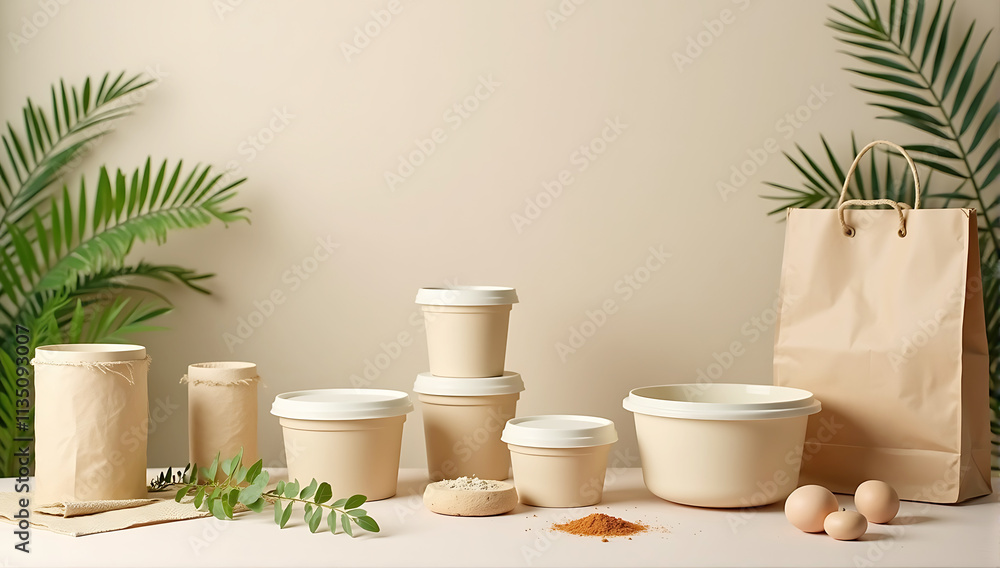 A tabletop scene featuring biodegradable packaging, reusable containers, and compostable paper bags. A backdrop of neutral tones and natural textures enhances the eco-conscious theme A tabletop scene featuring biodegradable packaging, reusable containers, and compostable paper bags. A backdrop of neutral tones and natural textures enhances the eco-conscious theme
