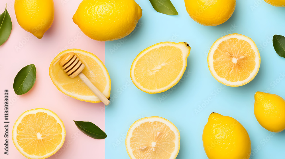 A Bright and Cheerful Collage of Juicy Lemons and Green Leaves on a Dual-Tone Background Perfect for Refreshing Recipes or Decor. A Bright and Cheerful Collage of Juicy Lemons and Green Leaves on a Dual-Tone Background Perfect for Refreshing Recipes or Decor.