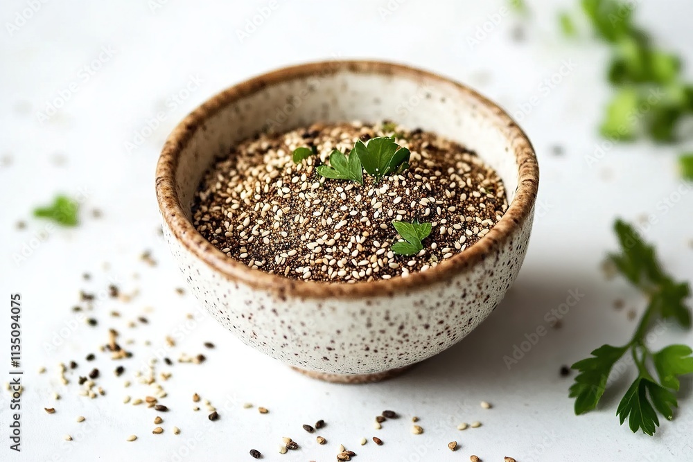 Bowl of za'atar spice mix with sesame seeds and herbs on white background. Bowl of za'atar spice mix with sesame seeds and herbs on white background.