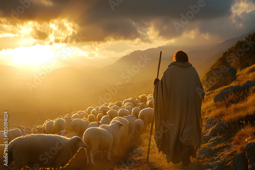 Shepherd walking with sheep during a golden sunset, symbolizing peace, rural life, and harmony with nature, perfect for themes of pastoral landscapes, tradition, and tranquility photo