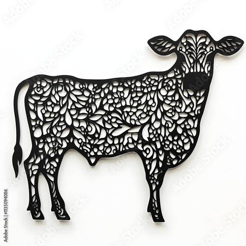 Intricate cow silhouette art with floral patterns, black cutout design on a white background, perfect for home , nature-inspired themes, rural art, and creative projects photo