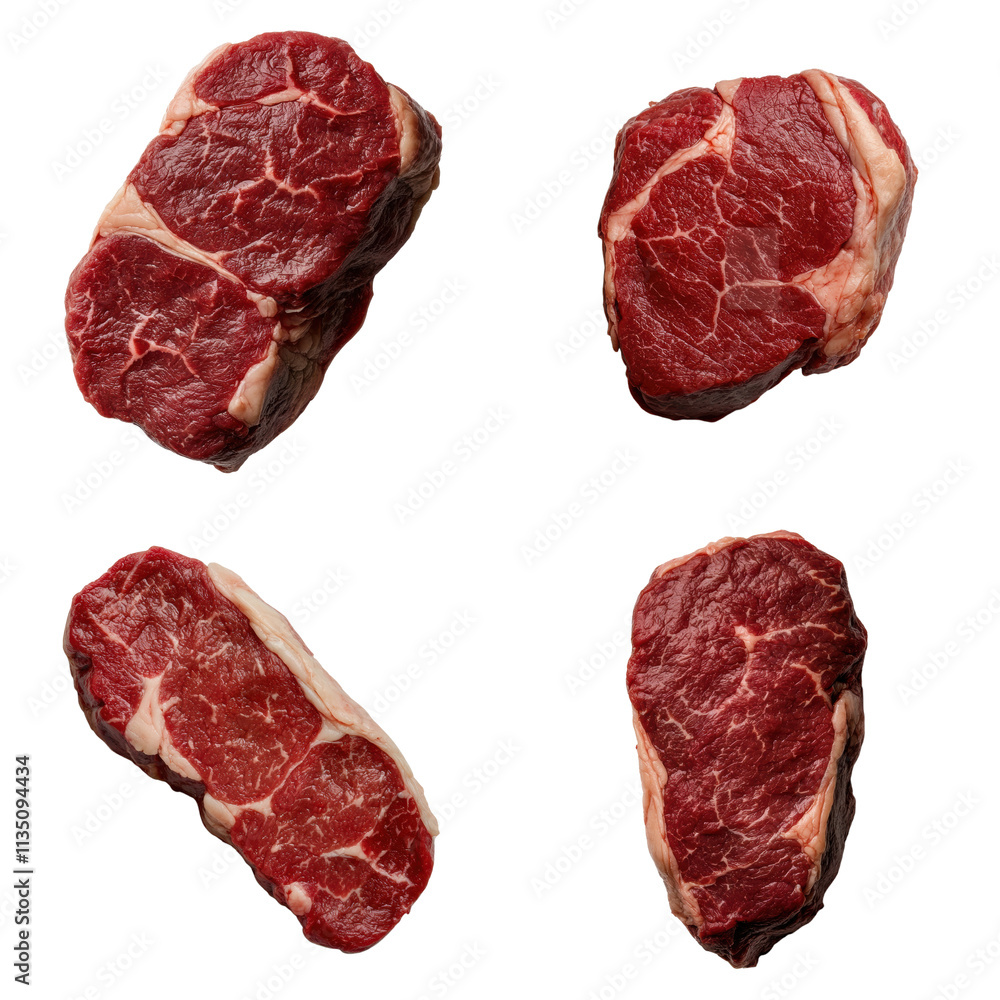 Four Raw Beef Steaks, Marbled Texture, Deep Red Four Raw Beef Steaks, Marbled Texture, Deep Red