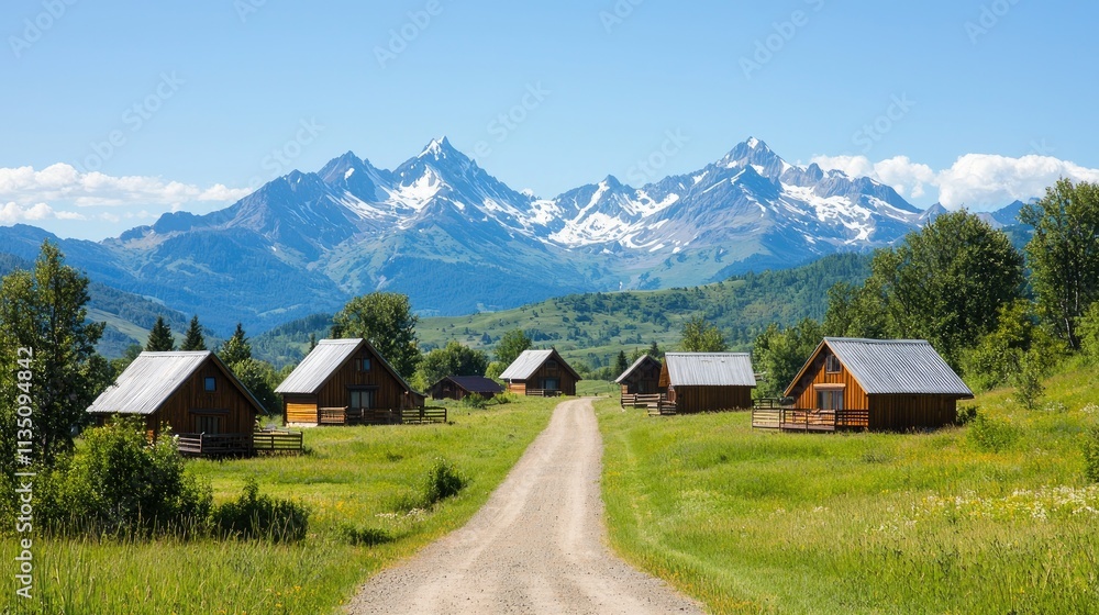 A serene landscape featuring rustic cabins along a dirt road, surrounded by lush greenery and majestic snow-capped mountains under a clear blue sky. A serene landscape featuring rustic cabins along a dirt road, surrounded by lush greenery and majestic snow-capped mountains under a clear blue sky.