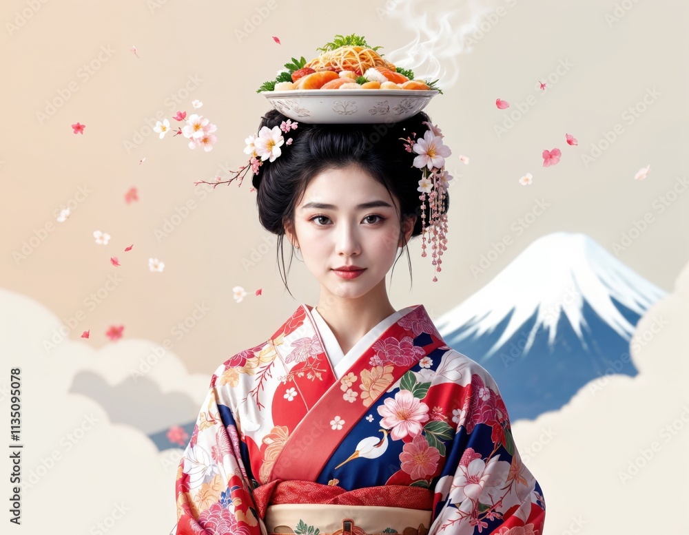 Conceptual image of a young Japanese woman in traditional style with a plate of local food on her head. AI generation Conceptual image of a young Japanese woman in traditional style with a plate of local food on her head. AI generation