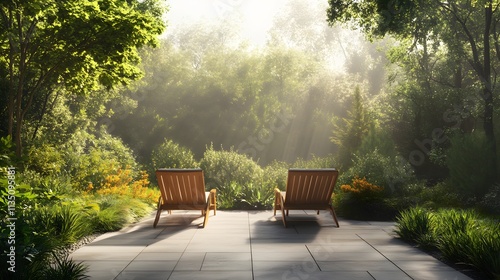 Serene morning sunlight illuminates two chairs in a lush green forest photo