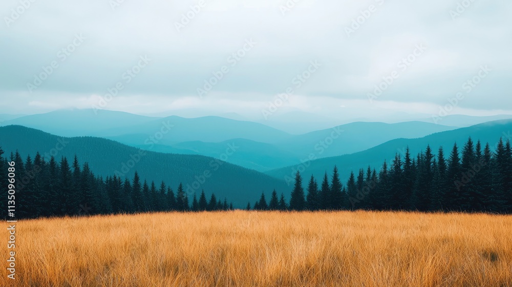 A tranquil landscape featuring rolling hills and a field of golden grass under a cloudy sky, surrounded by dark green forests in the background. A tranquil landscape featuring rolling hills and a field of golden grass under a cloudy sky, surrounded by dark green forests in the background.