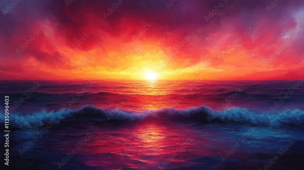 Obraz premium A vibrant sunset over the ocean, with colorful clouds reflecting on the water's surface.
