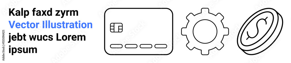 Obraz premium Credit card with chip, gear, and dollar coin icons. Placeholder text on the left. Ideal for financial services, fintech, app development, automation, digital transactions online banking