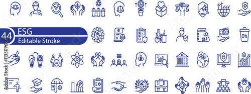 ESG Environmental Social Governance concept editable stroke outline icons set isolated on white background flat vector illustration.