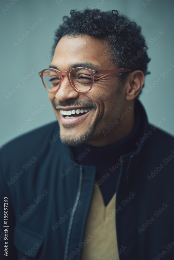 A man with glasses is smiling and wearing a black jacket and a brown sweater. Concept of warmth and happiness, as the man is enjoying himself A man with glasses is smiling and wearing a black jacket and a brown sweater. Concept of warmth and happiness, as the man is enjoying himself
