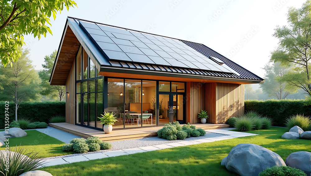 The exterior of a contemporary smart home with solar panels on the roof, surrounded by a lush garden with native plants. A rainwater harvesting system is subtly visible in the design The exterior of a contemporary smart home with solar panels on the roof, surrounded by a lush garden with native plants. A rainwater harvesting system is subtly visible in the design