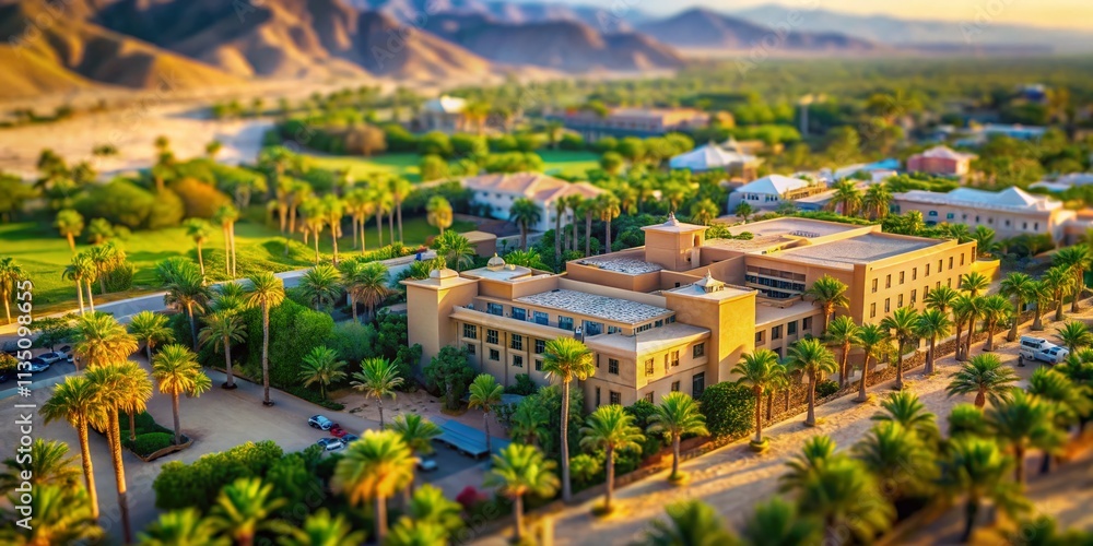 Fototapeta premium Overhead Tilt-Shift Photography of a Desert College Nestled in a Palm Resort Oasis, Capturing the Unique Blend of Education and Nature in a Stunning Landscape