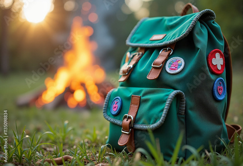 Girl Scout leader’s backpack with patches on grassy field by campfire, Girl Scout Leader Day