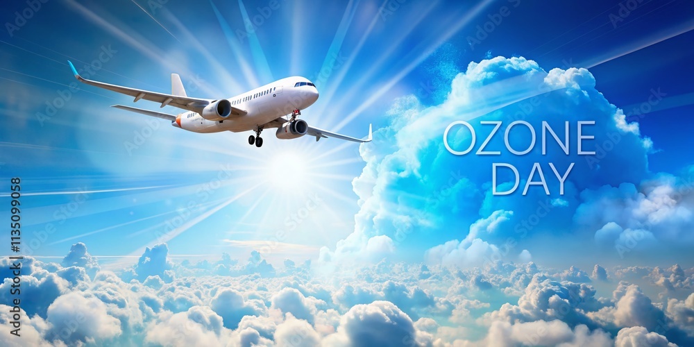 Naklejka premium Ozone Day Celebration: Airplane in Side View Against a Stunning Blue Sky with Clouds, Emphasizing Environmental Awareness and Air Quality